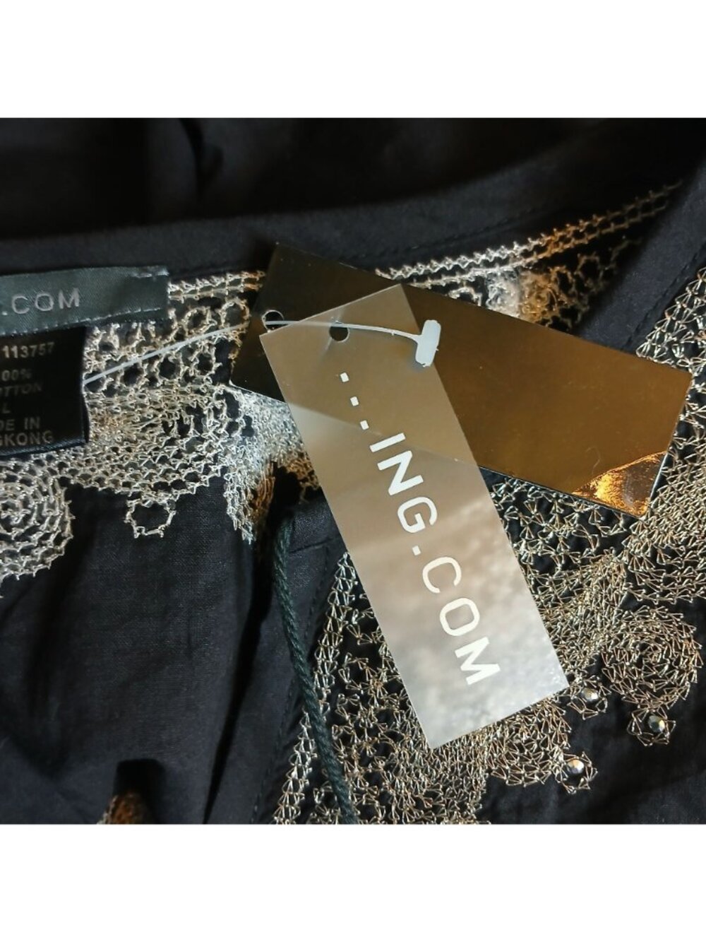 Ing.Com Black Large Tunic Top W/ Silver Embroidery Tassel Cotton Hippy Boho #I-2 - Picture 3 of 10